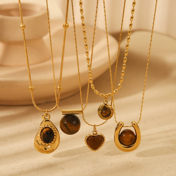 Wholesale Women's Geometric Tiger Eye Stone Pendant Stainless Steel And Titanium Steel Necklace With Electroplating