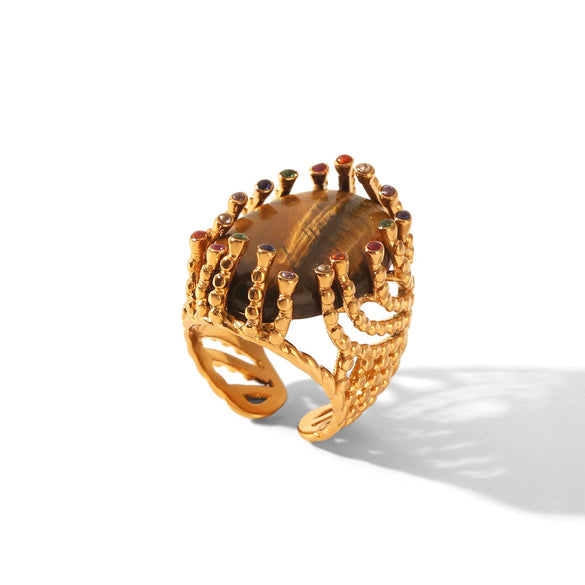 Wholesale Women's Geometric Tiger Eye Stone Stainless Steel Ring With Diamond Inlay And Electroplating