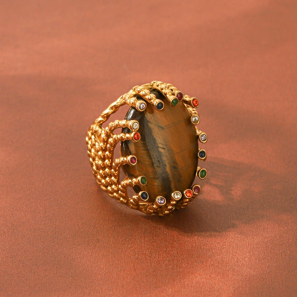 Wholesale Women's Geometric Tiger Eye Stone Stainless Steel Ring With Diamond Inlay And Electroplating
