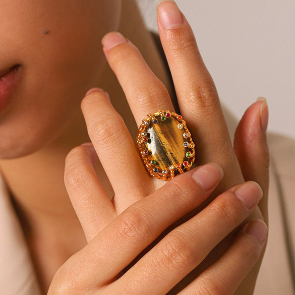Wholesale Women's Geometric Tiger Eye Stone Stainless Steel Ring With Diamond Inlay And Electroplating