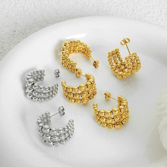 Wholesale Women's Geometric Titanium Steel Electroplated Cshaped Beaded Earrings Retro Style