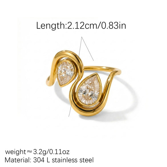 Wholesale Women's Geometric Titanium Steel Electroplated Double Water Drop Zircon Hollow Inlay Open Ring Jewelry