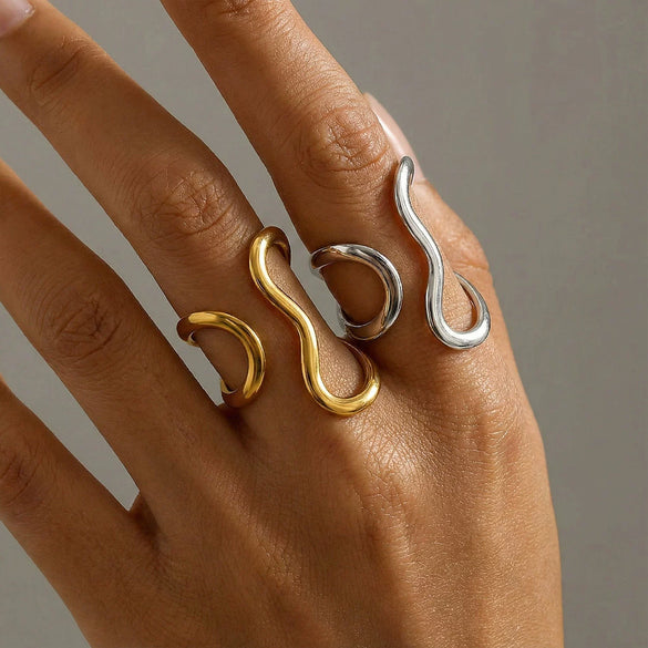 Wholesale Women's Geometric Titanium Steel Electroplated Open Index Finger Ring With Irregular Line Design Exaggerated Minimalist Cool Style