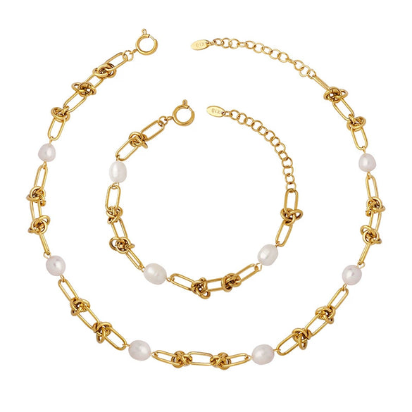 Wholesale Women's Geometric Titanium Steel Gold Plated Freshwater Pearl Kink Chain Necklace Bracelet Earrings Jewelry Set