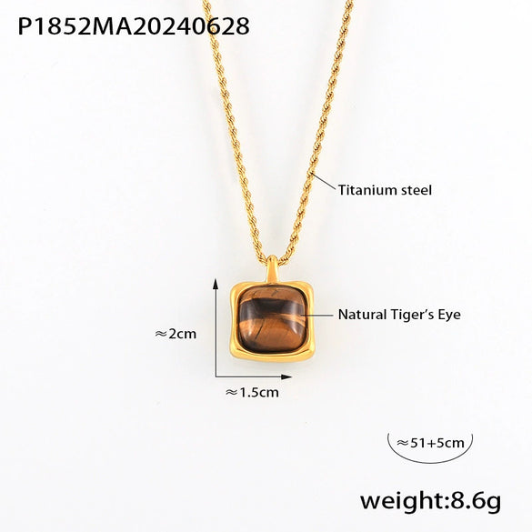 Wholesale Women's Geometric Titanium Steel Inlaid Tiger's Eye Stone Pendant Necklace With 18K Gold Plated Electroplating And Twist Chain