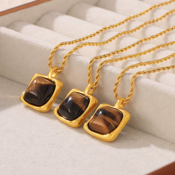 Wholesale Women's Geometric Titanium Steel Inlaid Tiger's Eye Stone Pendant Necklace With 18K Gold Plated Electroplating And Twist Chain