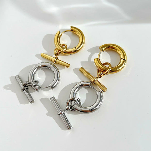 Wholesale Women's Geometric Tstick Pendant Ring Removable Stainless Steel Earrings With Electroplating