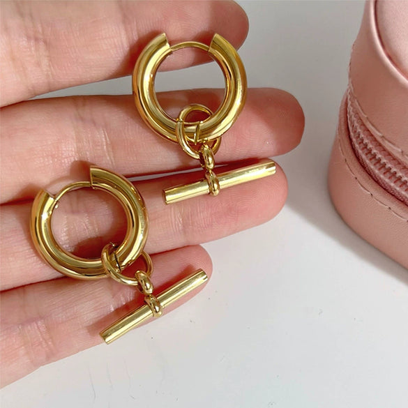 Wholesale Women's Geometric Tstick Pendant Ring Removable Stainless Steel Earrings With Electroplating