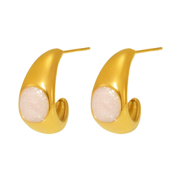 Wholesale Women's Geometric Ushaped And Crescent Cshaped Stainless Steel Pearl Powder Dripping Oil Electroplated 18K Gold Earrings
