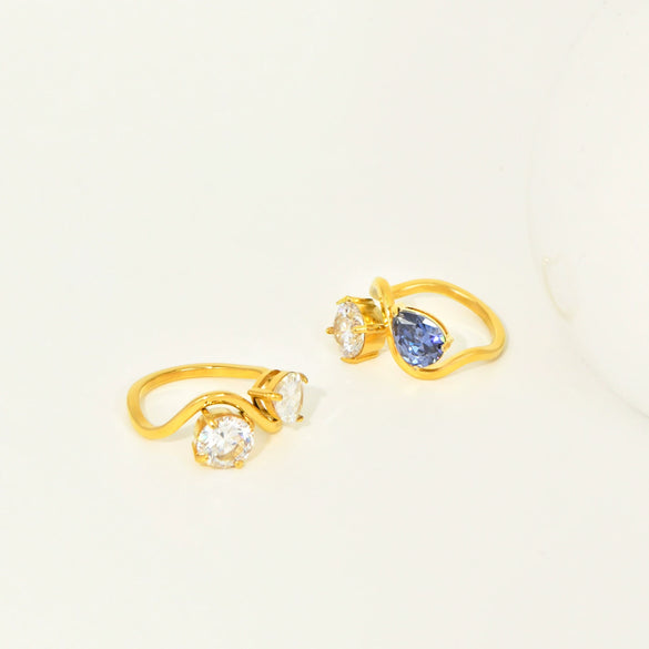 Wholesale Women's Geometric Water Drop Zircon Double Ring Titanium Steel Electroplated Jewelry Accessories