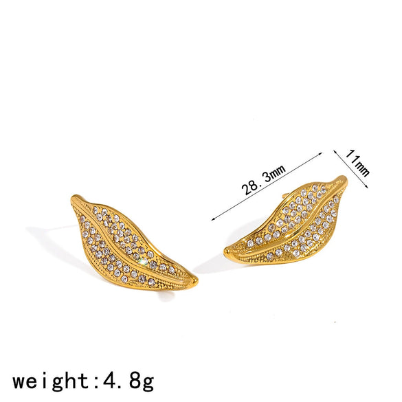 Wholesale Women's Geometric Water Dropshaped Leaf Stainless Steel Earrings With Vacuum Real Gold Plating In Pvd Furnace And Diamond Studded
