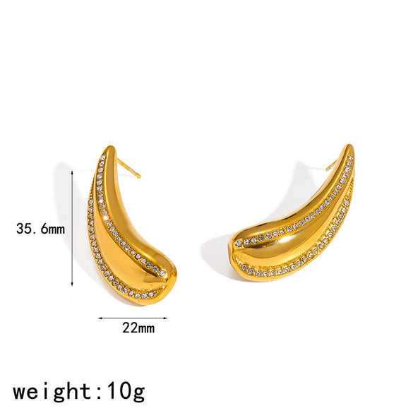 Wholesale Women's Geometric Water Dropshaped Leaf Stainless Steel Earrings With Vacuum Real Gold Plating In Pvd Furnace And Diamond Studded