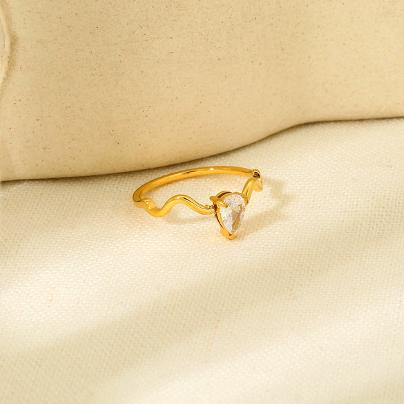 Wholesale Women's Geometric Wave Drop Shape Zircon Stainless Steel 18K Gold Plated Stacked Ring