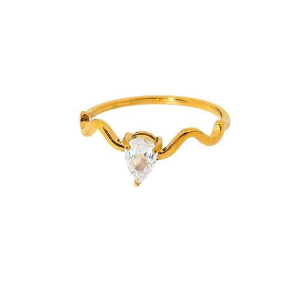 Wholesale Women's Geometric Wave Drop Shape Zircon Stainless Steel 18K Gold Plated Stacked Ring