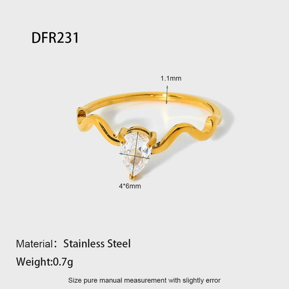 Wholesale Women's Geometric Wave Drop Shape Zircon Stainless Steel 18K Gold Plated Stacked Ring