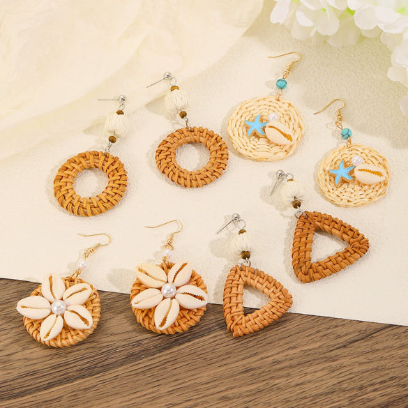 Wholesale Women's Geometric Wooden Threaded Rattan Earrings With Drop Shape And Polishing Treatment