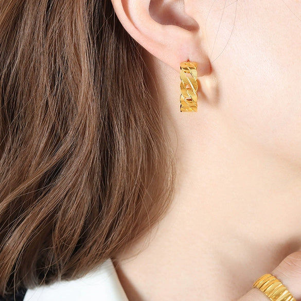 Wholesale Women's Geometric Woven Hollow Ring Metal Chain Earrings Titanium Steel 18K Gold Plated