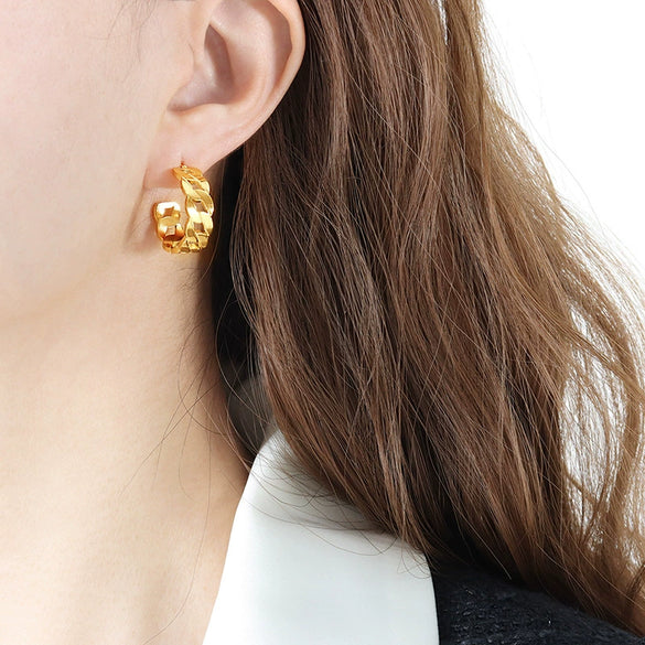 Wholesale Women's Geometric Woven Hollow Ring Metal Chain Earrings Titanium Steel 18K Gold Plated