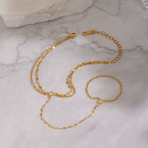 Wholesale Women's Geometric Zircon Finger Chain Bracelet Real Gold Plated Stainless Steel