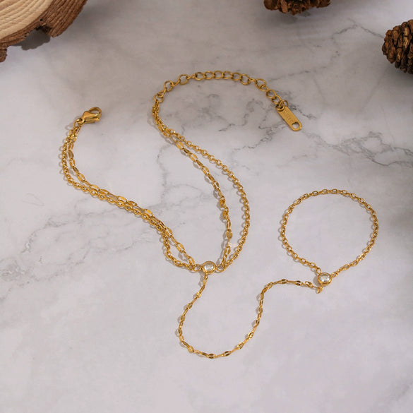 Wholesale Women's Geometric Zircon Finger Chain Bracelet Real Gold Plated Stainless Steel