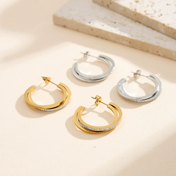 Wholesale Women's Geometric Zircon Multi Circle Stainless Steel And 925 Silver Electroplated Earrings With Original Design
