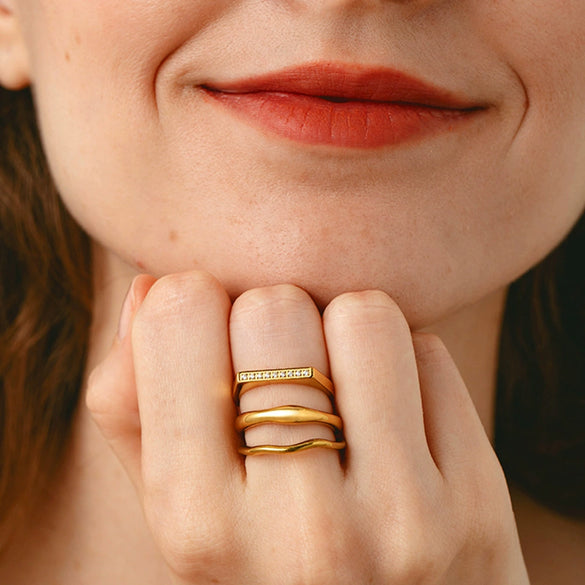 Wholesale Women's Geometric Zirconiastudded Dshaped Stainless Steel 18K Gold Plated Stackable Ring