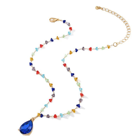 Wholesale Women's Glass Bead Chain Water Drop Pendant Necklace With Flower Pattern Alloy Zinc Electroplated