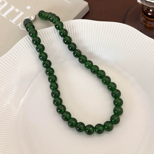 Wholesale Women's Glass Beaded Necklace With Geometric Style And Baking Paint Process And Ball Chain And Ingot Buckle Clasp