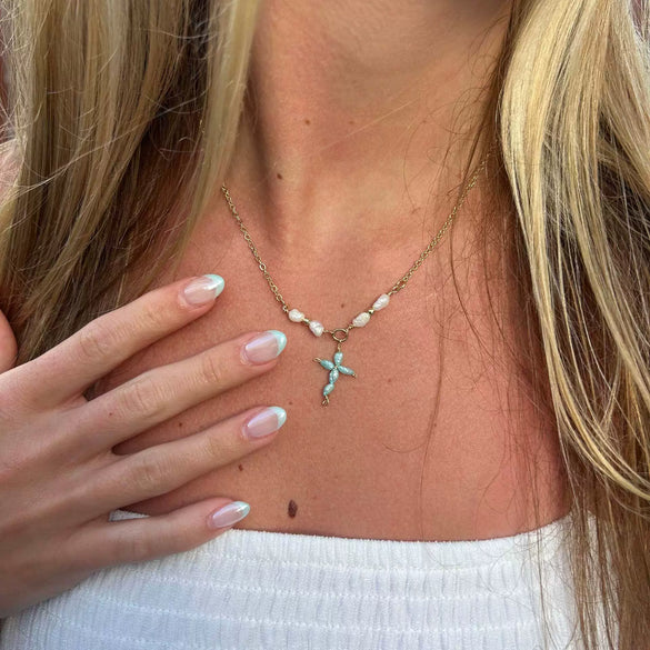 Wholesale Women's Gold Electroplated Stainless Steel Pearl Cross Pendant Necklace