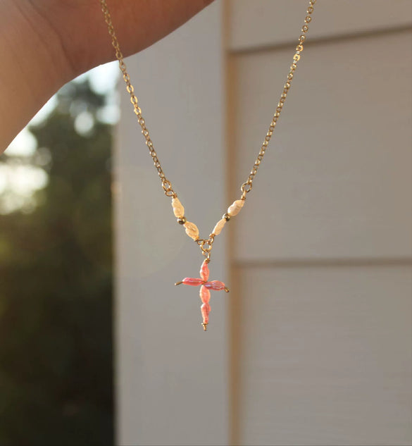 Wholesale Women's Gold Electroplated Stainless Steel Pearl Cross Pendant Necklace