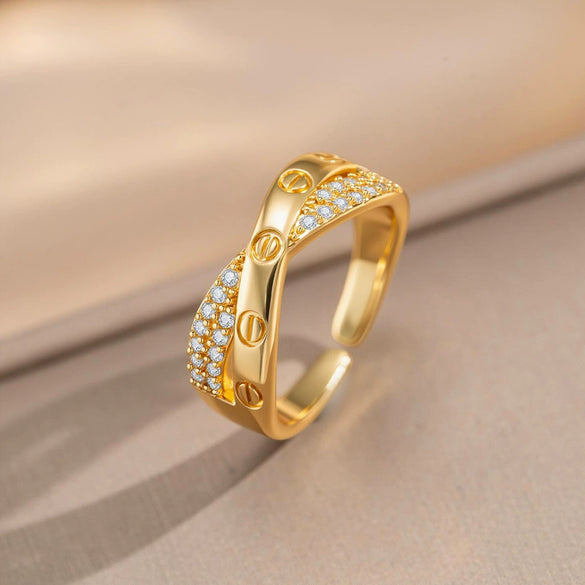 Wholesale Women's Gold Plated Copper Geometric Letter Studded Zircon Open Index Finger Ring