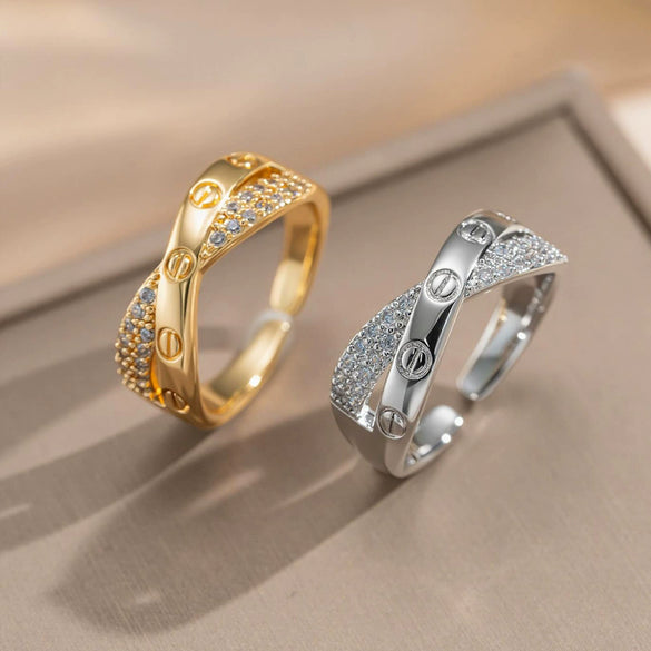 Wholesale Women's Gold Plated Copper Geometric Letter Studded Zircon Open Index Finger Ring
