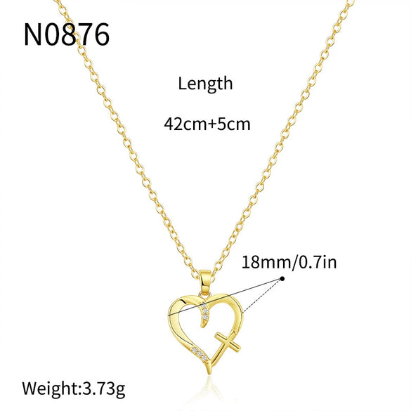 Wholesale Women's Gold Plated Copper Heart Shaped Clavicle Chain Necklace With Cross Inlay And Electroplating Treatment