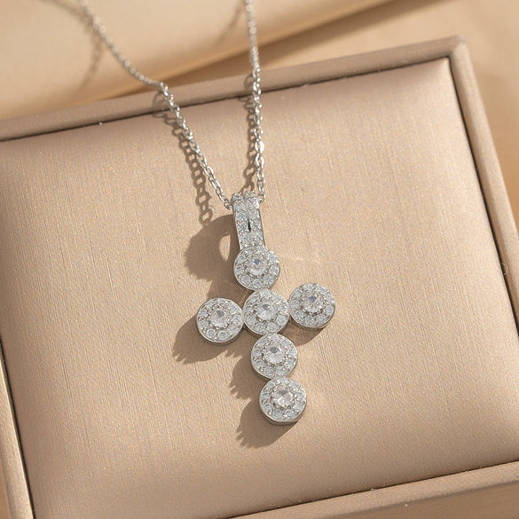 Wholesale Women's Gold Plated Geometric Cross Necklace With Green Zircon Inlay In Copper And Titanium Steel
