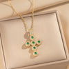 Wholesale Women's Gold Plated Geometric Cross Necklace With Green Zircon Inlay In Copper And Titanium Steel