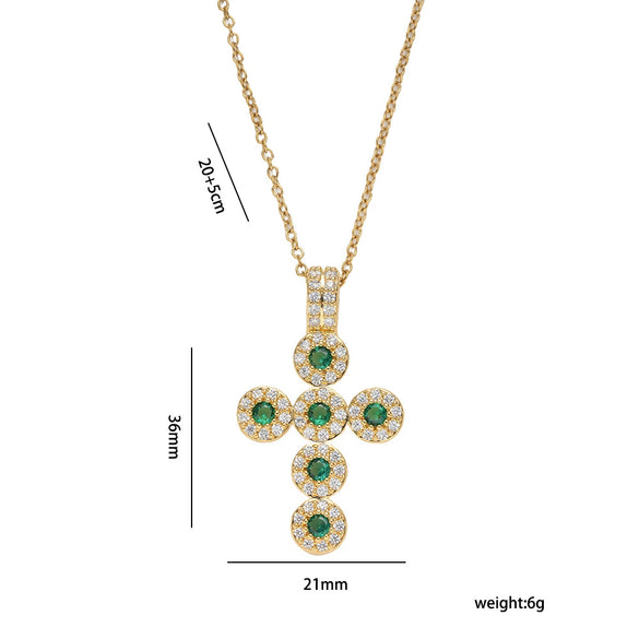 Wholesale Women's Gold Plated Geometric Cross Necklace With Green Zircon Inlay In Copper And Titanium Steel