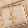 Wholesale Women's Gold Plated Geometric Cross Necklace With Green Zircon Inlay In Copper And Titanium Steel