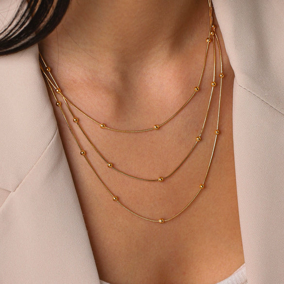 Wholesale Women's Gold Plated Geometric Stainless Steel Threelayer Beaded Clavicle Necklace