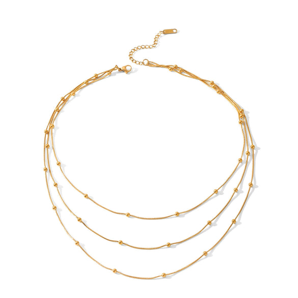 Wholesale Women's Gold Plated Geometric Stainless Steel Threelayer Beaded Clavicle Necklace
