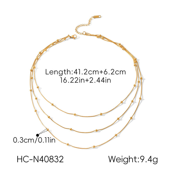 Wholesale Women's Gold Plated Geometric Stainless Steel Threelayer Beaded Clavicle Necklace