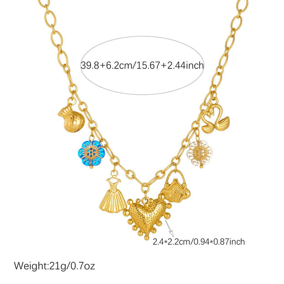 Wholesale Women's Gold Plated Maillard Style Heartshaped Stainless Steel Multipendant Necklace With Oshaped Chain