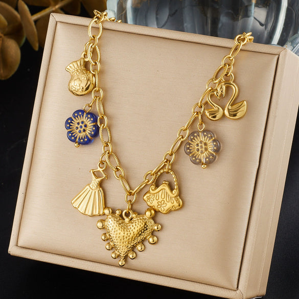 Wholesale Women's Gold Plated Maillard Style Heartshaped Stainless Steel Multipendant Necklace With Oshaped Chain