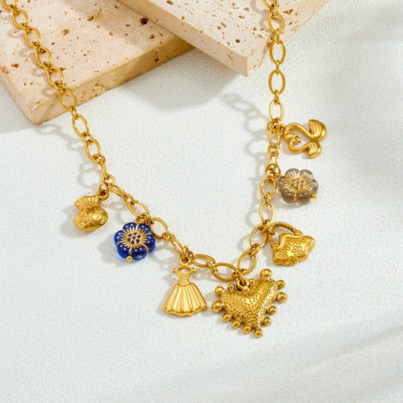Wholesale Women's Gold Plated Maillard Style Heartshaped Stainless Steel Multipendant Necklace With Oshaped Chain