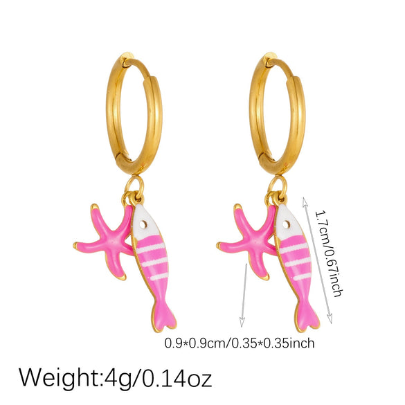 Wholesale Women's Goldplated Enamel Cartoon Animal Zodiac Fishbone Starfish Earrings Stainless Steel