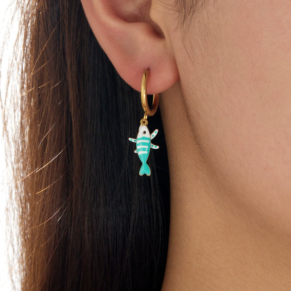 Wholesale Women's Goldplated Enamel Cartoon Animal Zodiac Fishbone Starfish Earrings Stainless Steel
