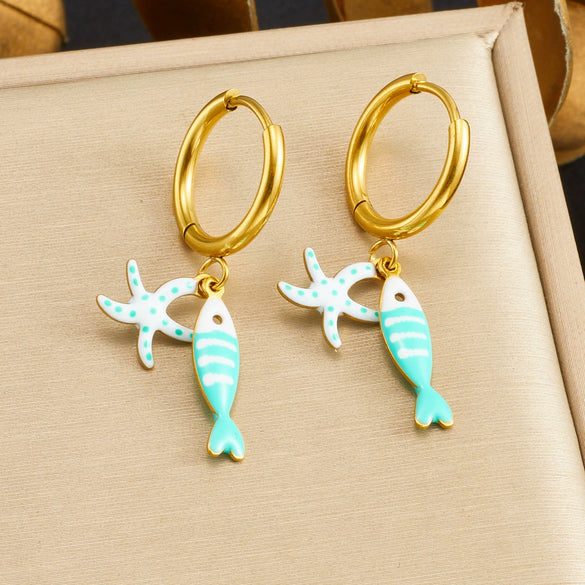 Wholesale Women's Goldplated Enamel Cartoon Animal Zodiac Fishbone Starfish Earrings Stainless Steel