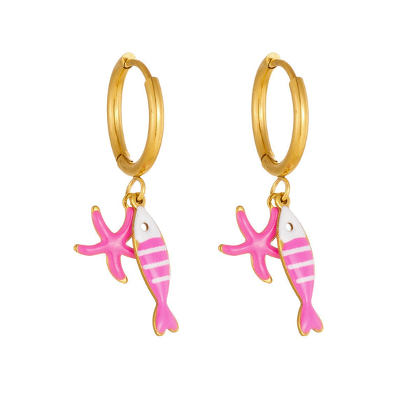 Wholesale Women's Goldplated Enamel Cartoon Animal Zodiac Fishbone Starfish Earrings Stainless Steel