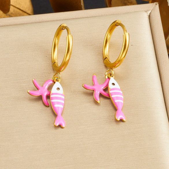 Wholesale Women's Goldplated Enamel Cartoon Animal Zodiac Fishbone Starfish Earrings Stainless Steel