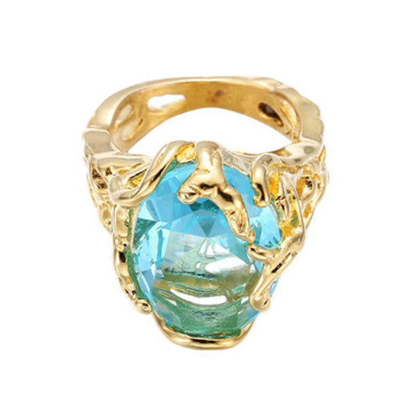 Wholesale Women's Goldplated Geometric Hollow Blue Crystal Ring Jewelry