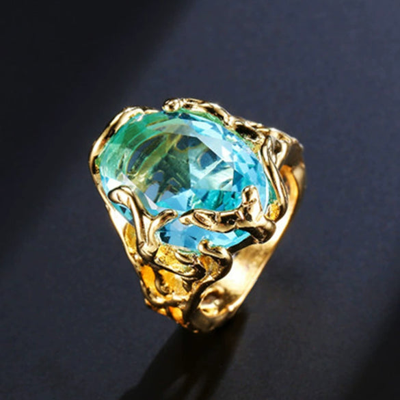 Wholesale Women's Goldplated Geometric Hollow Blue Crystal Ring Jewelry